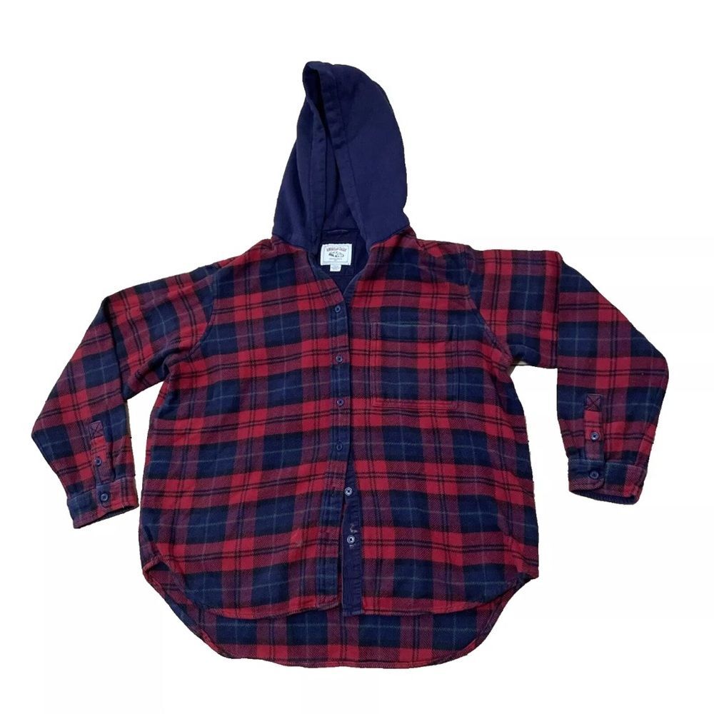 AMERICAN EAGLE Flannel Hoodie Women S Red Black Plaid Outdoor Y2k Full Button Up
